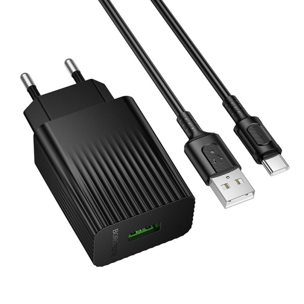 Сетевое зарядное устройство с кабелем BOROFONE BAS72A Source single port QC3.0 charger set (Type-C) Black