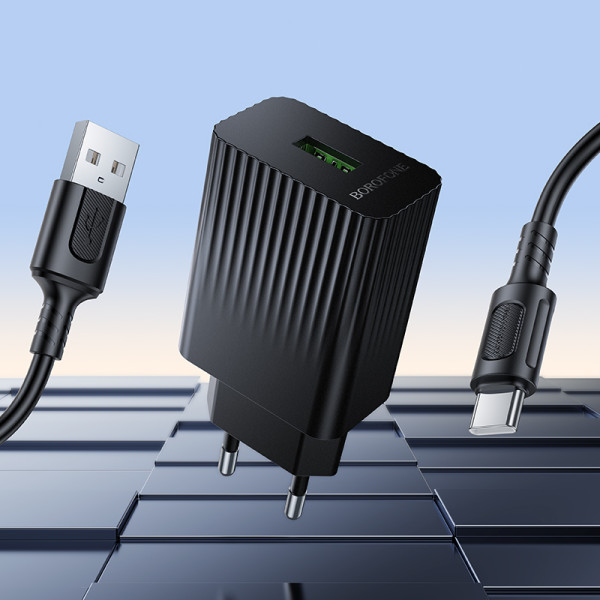 Сетевое зарядное устройство с кабелем BOROFONE BAS72A Source single port QC3.0 charger set (Type-C) Black