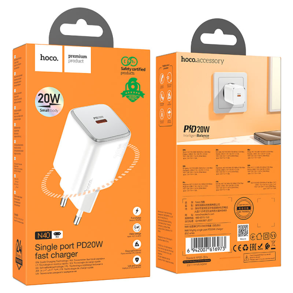 Сетевое зарядное устройство HOCO N40 Mighty single port PD20W charger White