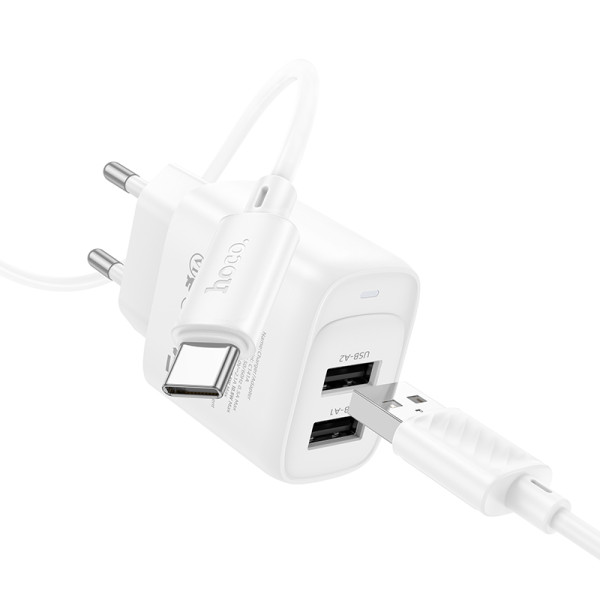 Сетевое зарядное устройство с кабелем HOCO C141A Smart dual-port charger set(Type-C) White