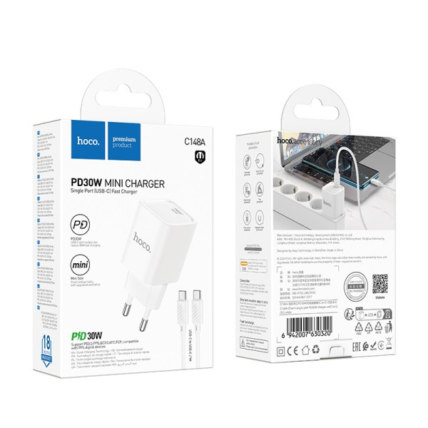 Сетевое зарядное устройство с кабелем HOCO C148A Charm single port PD30W charger set (C to C) (EU) White