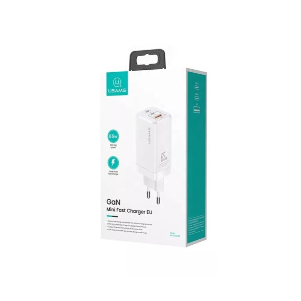 Сетевое зарядное устройство Usams US-CC110 T33 65W 3 Ports GaN Mini Fast Charger white