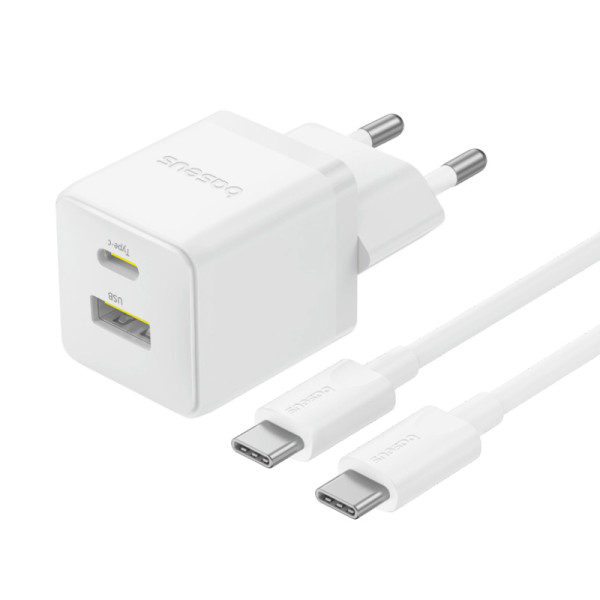 Мережевий зарядний пристрій з кабелем Baseus Palm Fast Charger C+U 30W EU Moon White (з USB-C на USB-C 60W (20V/3A) 1 м Moon White)