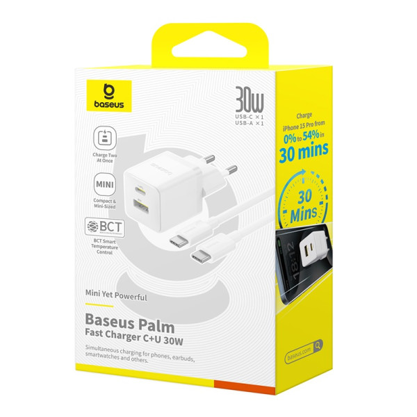 Мережевий зарядний пристрій з кабелем Baseus Palm Fast Charger C+U 30W EU Moon White (з USB-C на USB-C 60W (20V/3A) 1 м Moon White)