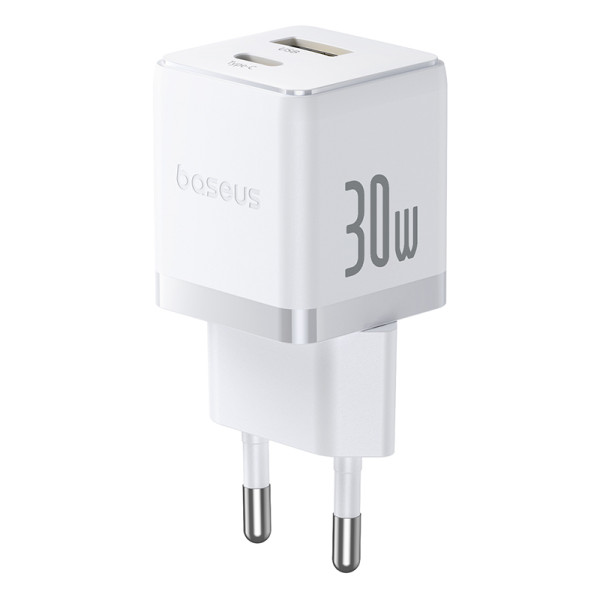 Мережевий зарядний пристрій з кабелем Baseus Palm Fast Charger C+U 30W EU Moon White (з USB-C на USB-C 60W (20V/3A) 1 м Moon White)