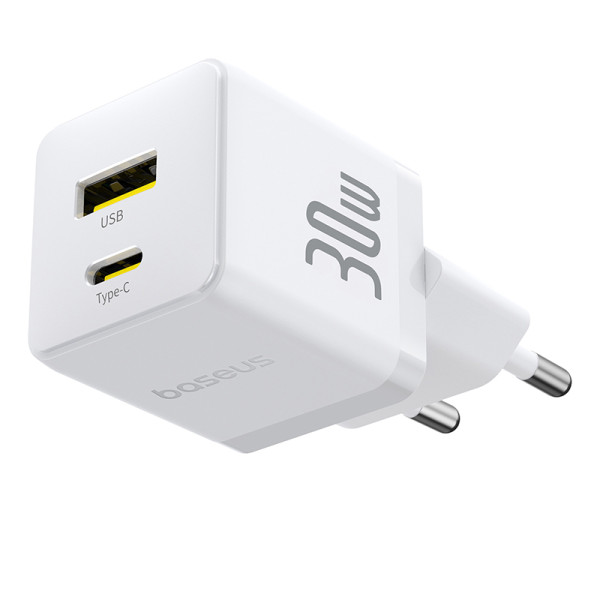 Мережевий зарядний пристрій з кабелем Baseus Palm Fast Charger C+U 30W EU Moon White (з USB-C на USB-C 60W (20V/3A) 1 м Moon White)