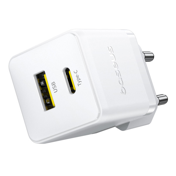 Мережевий зарядний пристрій з кабелем Baseus Palm Fast Charger C+U 30W EU Moon White (з USB-C на USB-C 60W (20V/3A) 1 м Moon White)
