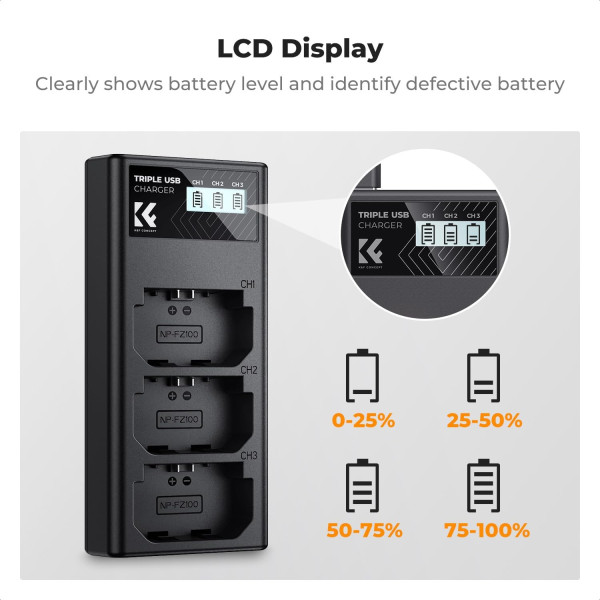 3-слотное зарядное устройство K&F Concept для аккамуляторов NP-FZ100, LCD, для Sony A7III/A7IV (KF28.0061)