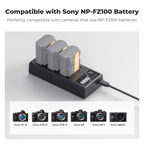 3-слотное зарядное устройство K&F Concept для аккамуляторов NP-FZ100, LCD, для Sony A7III/A7IV (KF28.0061)