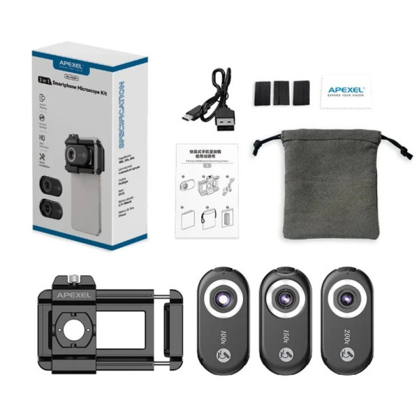 Микроскоп для телефона 100x 150x 200x подсветка Apexel APL-MS3IN1