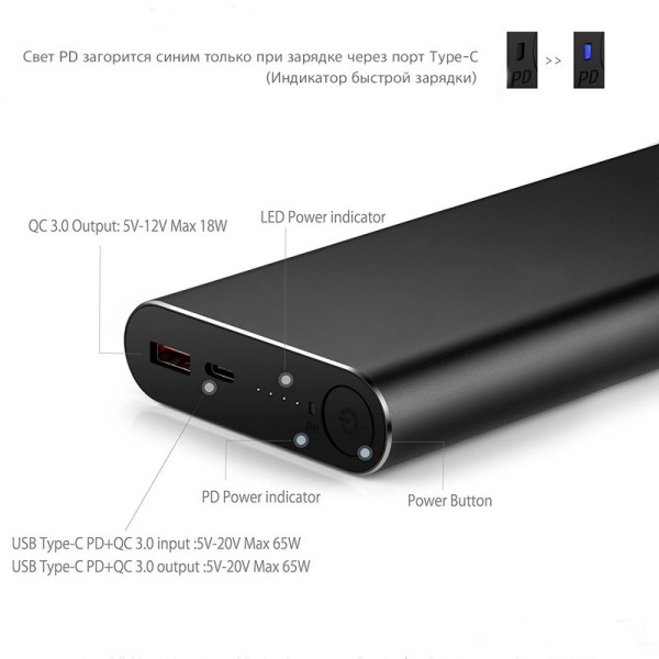 Мобильный аккумулятор ExtraDigital PD-QC20000 20000 mAh + QC 3.0 PD 65W Type-C Black