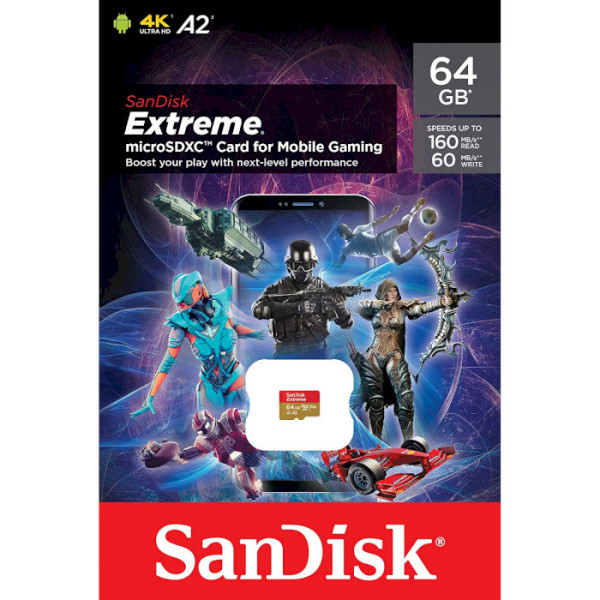 Карта пам'яті microSDXC (UHS-1 U3) SanDisk Extreme для мобільного геймінгу A2 64 ГБ класу 10 V30 (R170 МБ/с, W80 МБ/с)