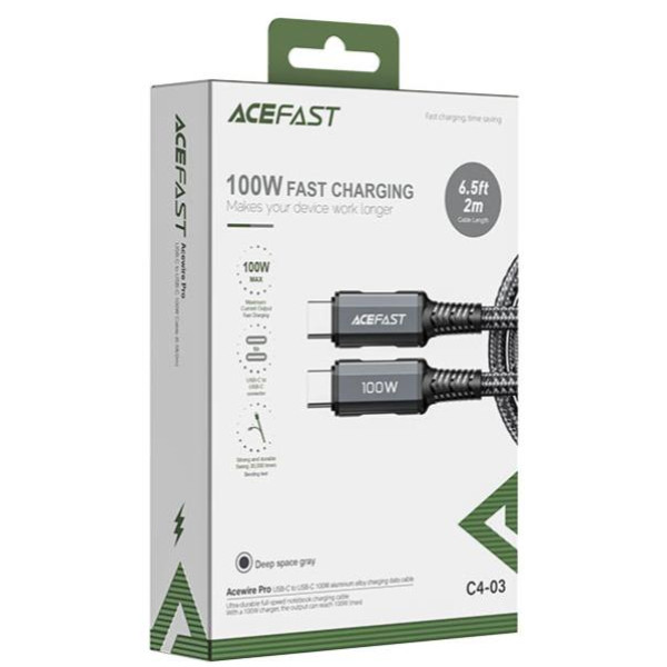 Кабель ACEFAST C4-03 Type-C до Type-C 5 А, 100 Вт, 2 м, нейлон, цинкові з'єднувачі, сірий