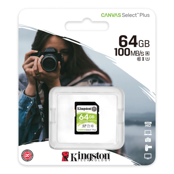 Карта памяти SDXC (UHS-1 U1) Kingston Canvas Select Plus 64Gb class 10 V10 (R-100MB/s)
