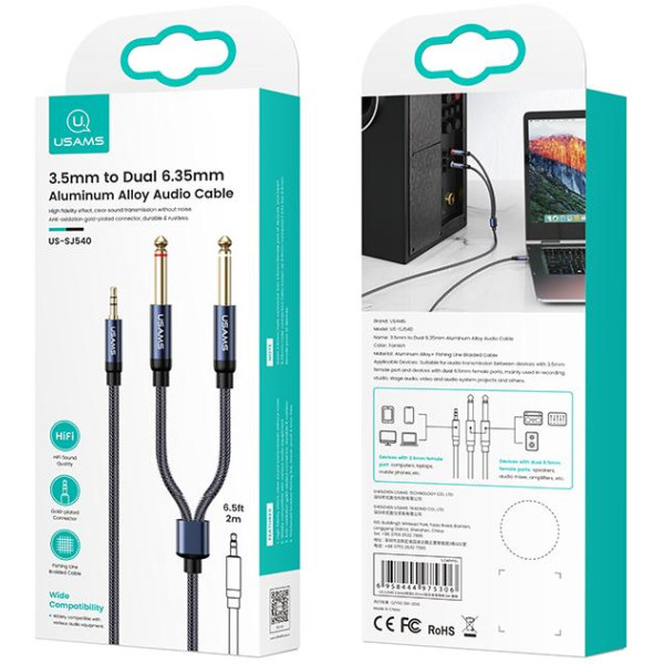 Аудио-кабель Usams US-SJ540 3.5mm to Dual 6.35mm Aluminum Alloy Audio Cable 2m Tarnish