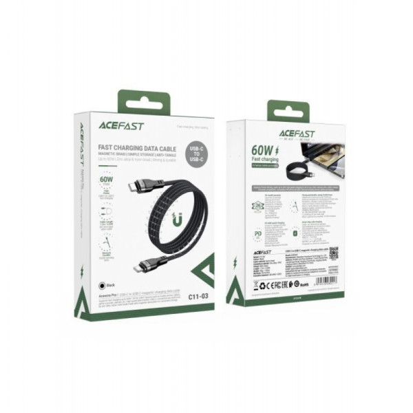 Кабель ACEFAST C11-03 Type-C to Type-C 3A, 60W, 1.2m, nylon + PVC, zinc connectors, Black (6974316280217)