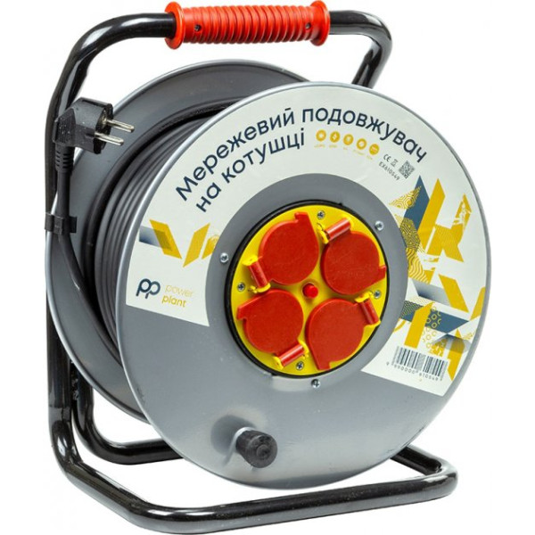Подовжувач на котушці PowerPlant 50 м, 3x2,5 мм², 16 А, 4 розетки, 100% мідь (JY-20022/50) (EX610549)