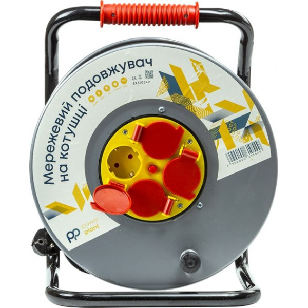 Подовжувач на котушці PowerPlant 50 м, 3x2,5 мм², 16 А, 4 розетки, 100% мідь (JY-20022/50) (EX610549)