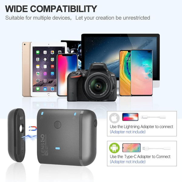Бездротовий петличний мікрофон Lensgo 318C II black з магнітною зарядкою 1 RX 2 TX
