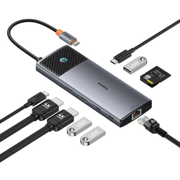 USB-хаб Baseus Metal Gleam Series II 10-в-один Cosmic Black (USB-C до 2×HDMI + USB-A 10 Гбіт/с + USB-C 10 Гбіт/с + RJ45 + інші порти)