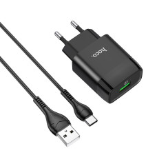 Сетевое зарядное устройство с кабелем HOCO C72Q Glorious single port QC3.0 charger set(Type-C) 18W Black
