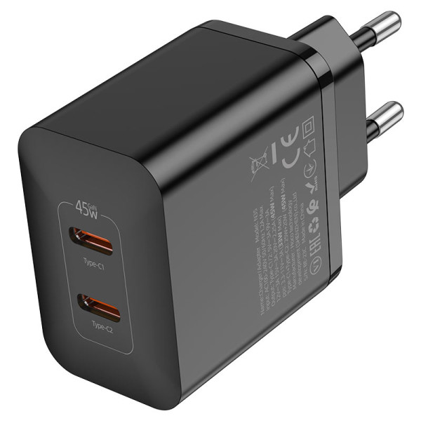 Сетевое зарядное устройство HOCO N35 Streamer dual-port PD45W GaN (2C) charger(EU) Black