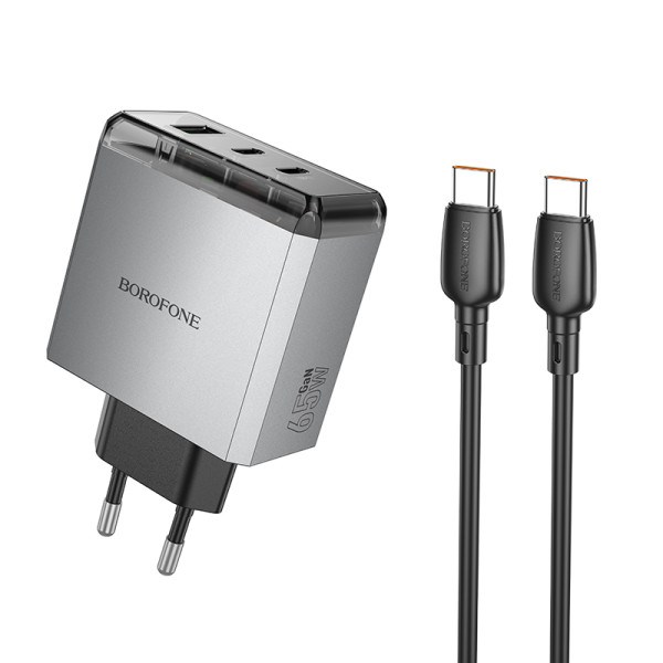 Сетевое зарядное устройство с кабелем BOROFONE BN22 Lena PD65W (2C1A) charger set (C to C(EU) Metal Gray