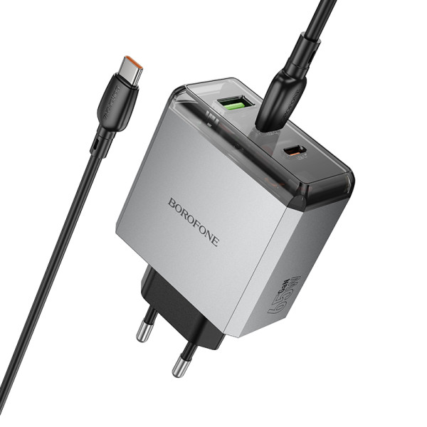 Сетевое зарядное устройство с кабелем BOROFONE BN22 Lena PD65W (2C1A) charger set (C to C(EU) Metal Gray
