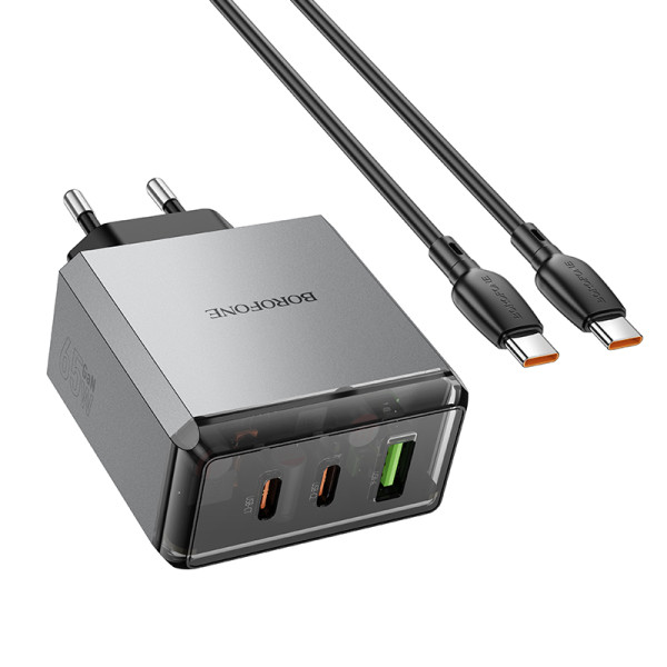 Сетевое зарядное устройство с кабелем BOROFONE BN22 Lena PD65W (2C1A) charger set (C to C(EU) Metal Gray