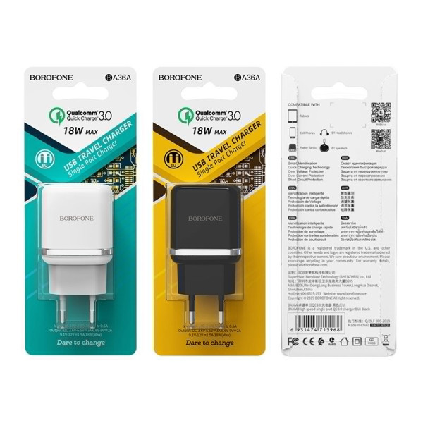 Сетевое зарядное устройство с кабелем BOROFONE BA36A High speed single port QC3.0 charger set 18W Black
