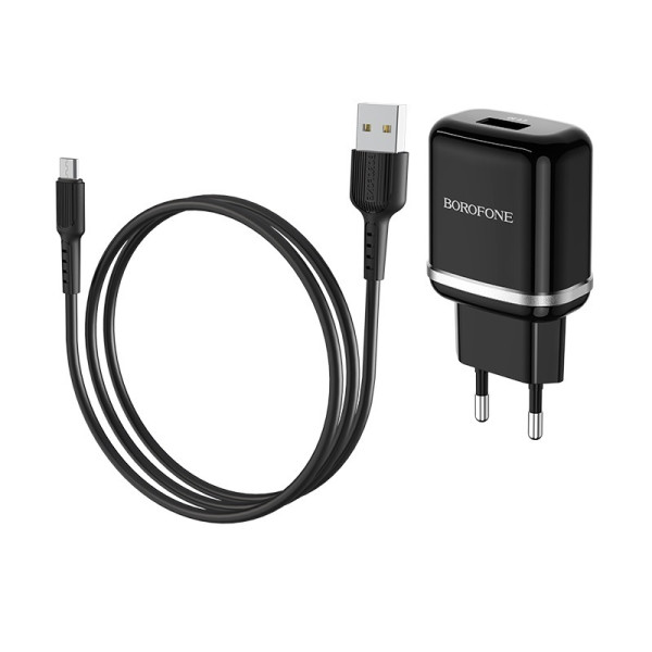 Сетевое зарядное устройство с кабелем BOROFONE BA36A High speed single port QC3.0 charger set 18W (Micro) Black