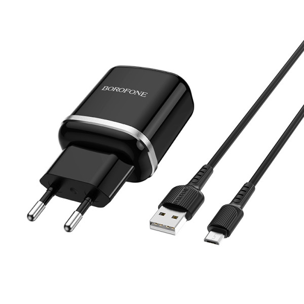 Сетевое зарядное устройство с кабелем BOROFONE BA36A High speed single port QC3.0 charger set 18W (Micro) Black