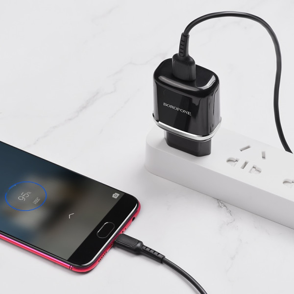 Сетевое зарядное устройство с кабелем BOROFONE BA36A High speed single port QC3.0 charger set 18W (Micro) Black