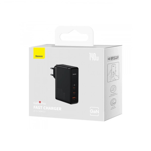 Мережевий зарядний пристрій з кабелем Baseus GaN5 Pro Fast Charger 2C+U 140 Вт чорний(З надшвидким кабелем даних USB-C до USB-C 240 Вт