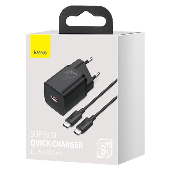 Мережевий зарядний пристрій із кабелем Baseus Super Si Quick Charger 1C 25W ЄС-набір чорний (USB-C до USB-C, 3 A, 1 м, чорний)