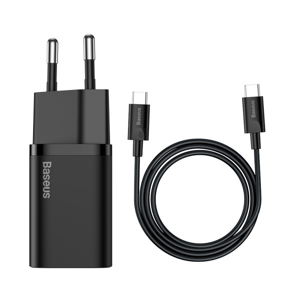 Мережевий зарядний пристрій із кабелем Baseus Super Si Quick Charger 1C 25W ЄС-набір чорний (USB-C до USB-C, 3 A, 1 м, чорний)