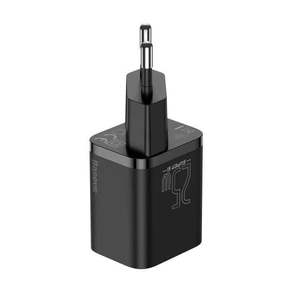 Мережевий зарядний пристрій із кабелем Baseus Super Si Quick Charger 1C 25W ЄС-набір чорний (USB-C до USB-C, 3 A, 1 м, чорний)