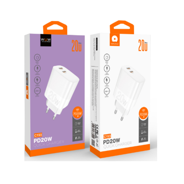 Мережевий зарядний пристрій WUW-C193 PD20W Charger USB C + USB C white