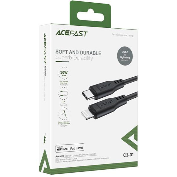 Кабель ACEFAST C3-01 Type-C to iP 3A, 30W, TPE, TPE connectors, Black