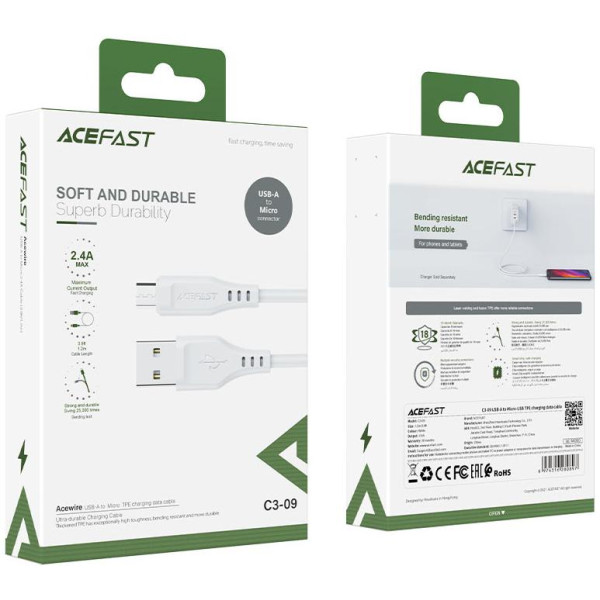Кабель ACEFAST C3-09 USB to Micro 2,4A, 1.2m, TPE, TPE connectors, White