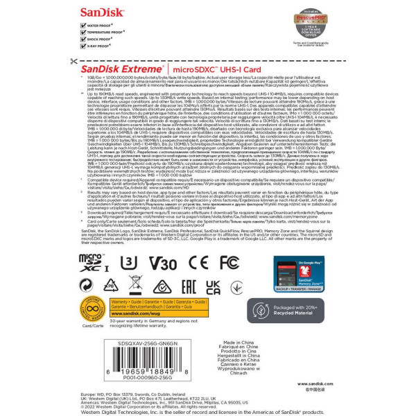 Картка пам'яті microSDXC (UHS-1 U3) SanDisk Extreme для мобільних ігор A2 256 ГБ клас 10 V30 (R190 МБ/с, W130 МБ/с)