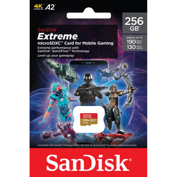 Картка пам'яті microSDXC (UHS-1 U3) SanDisk Extreme для мобільних ігор A2 256 ГБ клас 10 V30 (R190 МБ/с, W130 МБ/с)