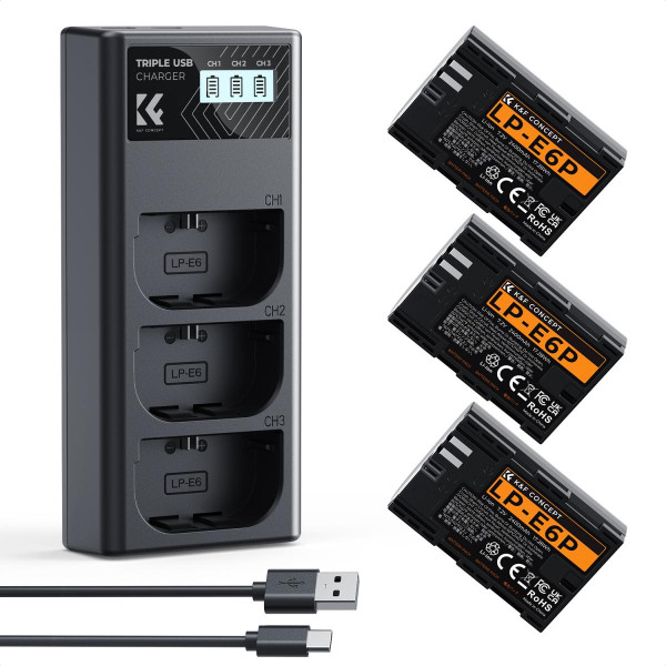 Набір K&F Concept LP-E6P (3 акумулятора 2400mAh + зарядний пристрій) — сумісно з Canon EOS R6 Mark II/III, R5 Mark II, R5, R6, R7, C50, 5D, 6D, 7D Mark II (KF28.0130)