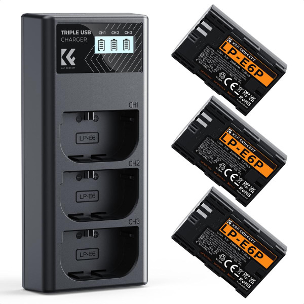 Набір K&F Concept LP-E6P (3 акумулятора 2400mAh + зарядний пристрій) — сумісно з Canon EOS R6 Mark II/III, R5 Mark II, R5, R6, R7, C50, 5D, 6D, 7D Mark II (KF28.0130)