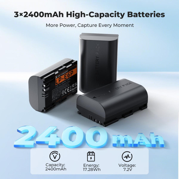 Набір K&F Concept LP-E6P (3 акумулятора 2400mAh + зарядний пристрій) — сумісно з Canon EOS R6 Mark II/III, R5 Mark II, R5, R6, R7, C50, 5D, 6D, 7D Mark II (KF28.0130)
