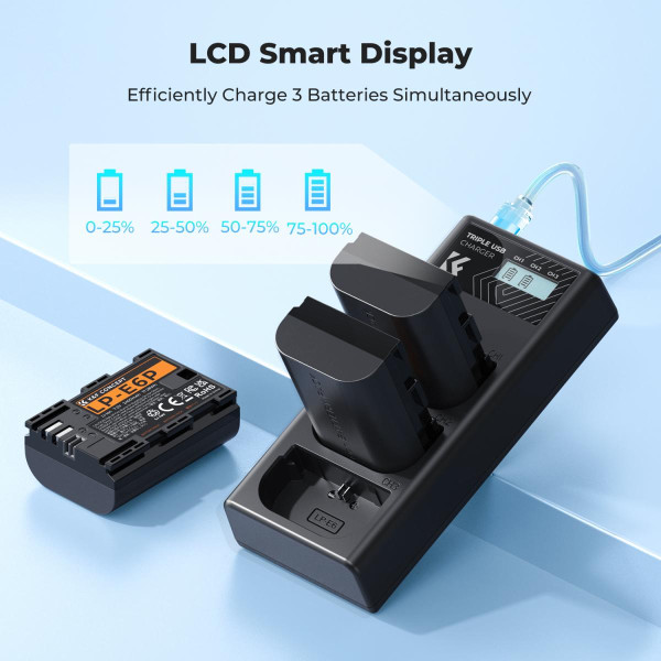 Набір K&F Concept LP-E6P (3 акумулятора 2400mAh + зарядний пристрій) — сумісно з Canon EOS R6 Mark II/III, R5 Mark II, R5, R6, R7, C50, 5D, 6D, 7D Mark II (KF28.0130)