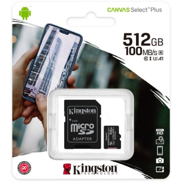 Карта пам'яті microSDXC (UHS-1) Kingston Canvas Select Plus 512Gb class 10 А1 (R-100MB/s) (adapter SD)