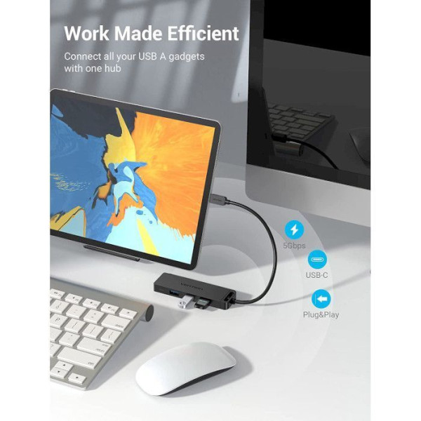 USB-хаб Vention Type-C to 4-Port USB 3.0 Hub with Power Supply Black 0.5M ABS Type
