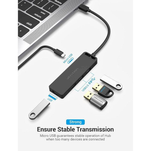USB-хаб Vention Type-C to 4-Port USB 3.0 Hub with Power Supply Black 0.5M ABS Type