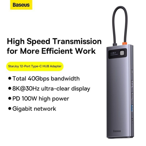USB-хаб Baseus Metal Gleam Series 12-в-1 багатофункціональна док-станція Type-C сірого кольору